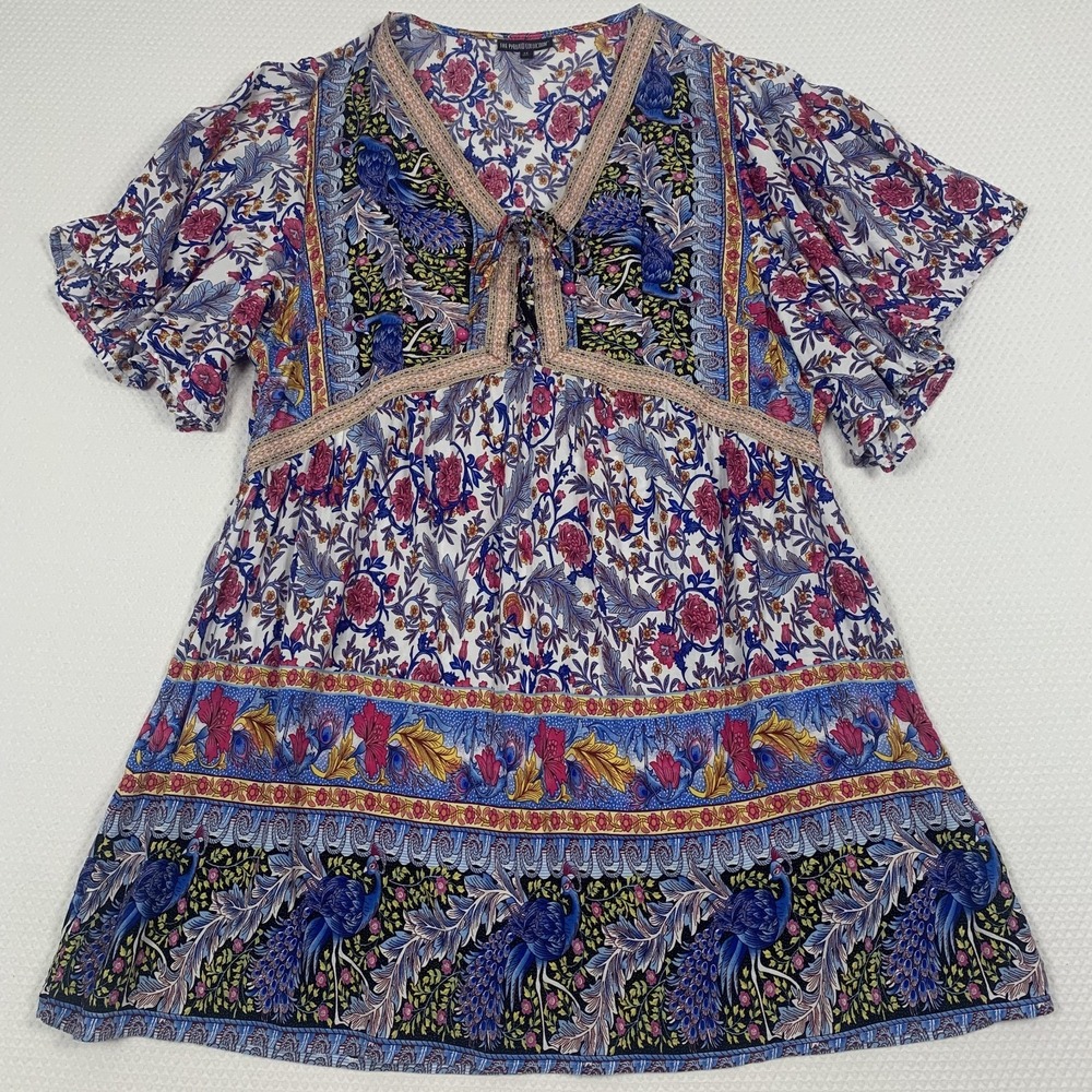 The Pyramid Collection Plus Size 2X Floral Peacock Babydoll Empire Waist Dress